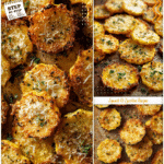 Crispy baked squash rounds topped with golden Parmesan on a rustic baking sheet